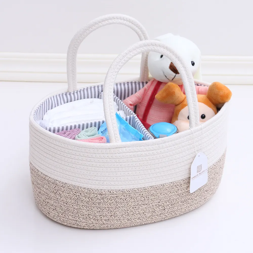 Large Capacity Woven Cotton Rope Basket Baby Laundry Basket With Handle For Diapers And Toys