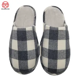 OEM hot sell plaid fabric short plush slipper New design fashion personalized winter warm customized house slippers for women
