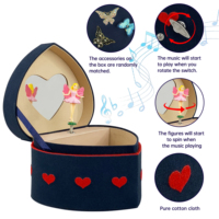 Boîte à bijoux personnalisée Yiyu en forme de cœur avec musique, cristal, papillon, broderie cœur bleu marine et rouge, figurine rotative pour bijoux