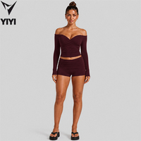 Nouveauté Automne Ensemble 2 Pièces Sport Femme : Hauts Sans Bretelles Épaules Dénudées Manches Longues et Pantalon Taille Haute Ample pour Gym, Yoga et Activités Sportives