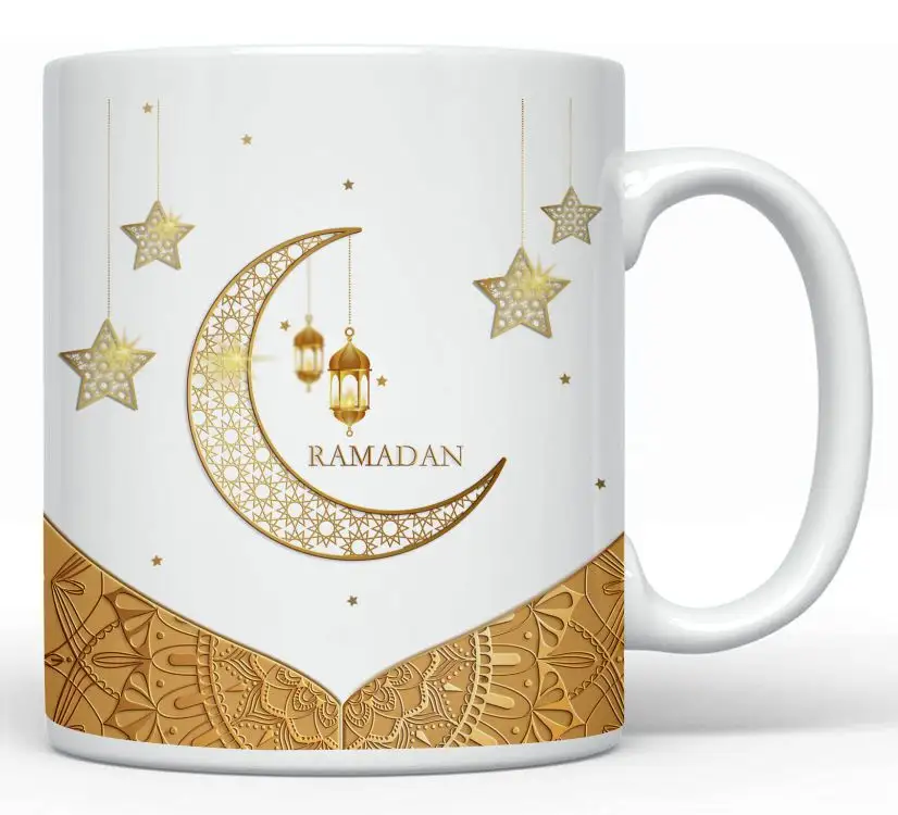 Tasse de festivité du Ramadan en céramique, noir et blanc, 11 oz, once Mubarak, bénédiction après le ramadan, musulman, islamique, croissant