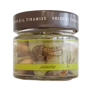 Dessert traditionnel tiramisu de Trévise saveur pistache fabriqué en Italie emballé dans un pot en verre produit congelé
