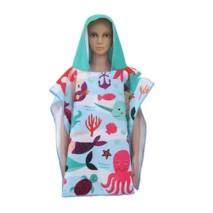 Hot Sale Custom Kids Swim Shark Cartoon Logo Quick Dry Kids Hooded Bathing Hoodie Polyester Printed Animal Baby Poncho Towel