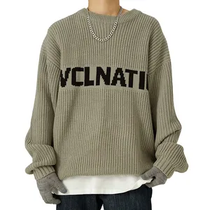 Blusa de malha com logotipo personalizado, pulôver de letras em jacquard, suéter de malha grande solto para homens, gola redonda