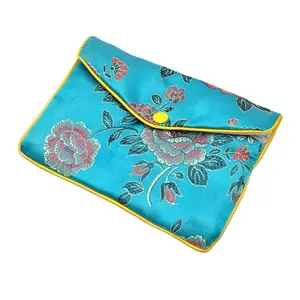 Chinese style embroidered silk jewelry pouch with button and zipper