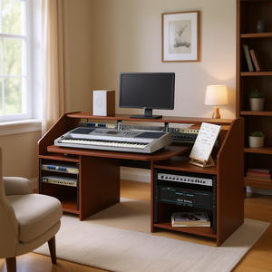 Scrivania per computer Annette, finitura ciliegio, in legno, postazione di lavoro per studio musicale, mobili per ufficio domestico - Product Image 2