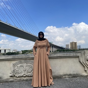 6430# Pleated Round Neck Front Lace up Tunic Large Hem Long Sleeves Elegant Dress Muslim Women Fashion <b>Maxi</b> Dresses Abayas - Product Image 3