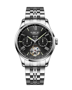 MIGE Men's <b>Automatic</b> Mechanical <b>Chronograph</b> Watch Stainless Steel Band 42mm Black Dial Luminous Hands Date Week Calendar - Product Image 1