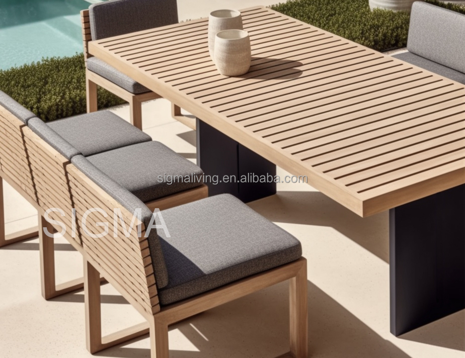 Custom garden outdoor furniture set rectangle table handcrafted multiple seats teak wooden dining chair