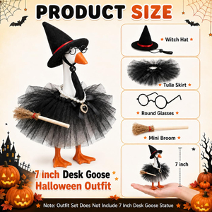Trajes de bruja de Halloween de 7 pulgadas para ganso de escritorio, ropa de otoño para ganso de escritorio con gafas y collares de escoba para estatua de ganso magnética - Product Image 5