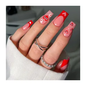 Lover Selling Fake Nail Cartoon French Tip Heart Flower Square Pink Painting Fashion Trendy Easy Wearable Extra Large False Nail