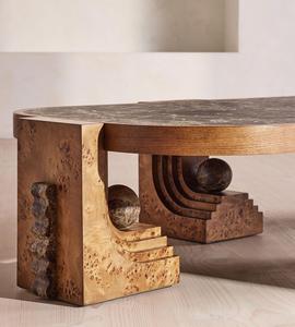 Table basse en marbre de style mid-century moderne, avec pieds sculptés en bois de burl, table centrale de luxe pour intérieur résidentiel ou hôtelier - Product Image 4