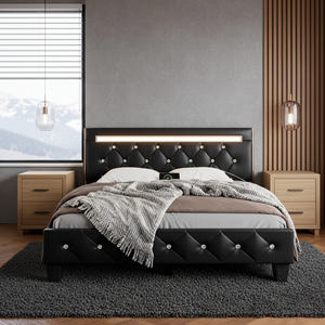 Modern <b>Queen</b> <b>Size</b> Storage <b>Bed</b> Frame with LED Light and Charging Station Faux Leather Upholstered Platform <b>Bed</b> - Product Image 1