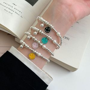 Pulsera de Plata de Ley S925 con Cara Sonriente y Perlas para Mujer, Joyería con Dijes de Dibujos Animados, Diseño de Cuerda Elástica para Uso Diario - Product Image 2