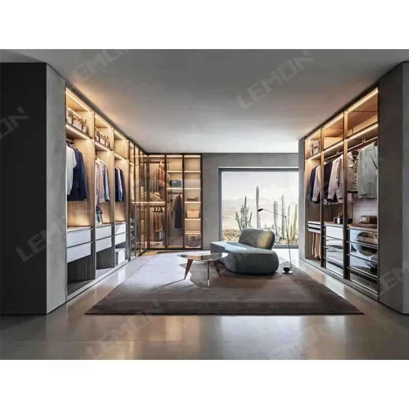 Whole house design custom walk-in wooden wardrobes closet with glass door LED lights insert for house