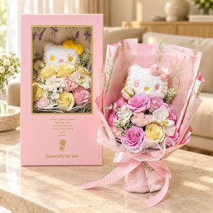 Bouquet de fleurs artificielles en peluche, boîte cadeau, bouquet de fleurs de savon rose pour anniversaire, fête de la Saint-Valentin, décoration de la maison - Product Image 1