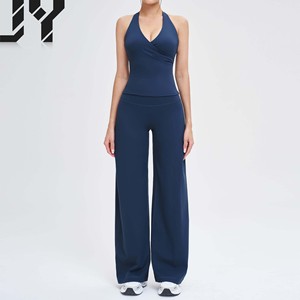 Completo Yoga da Donna in Tessuto Spazzolato: Top Canotta + Pantaloni a Gamba Larga con Apertura sulla Schiena, Abbigliamento Aderente per Yoga, Corsa e Sport all'Aperto - Product Image 1