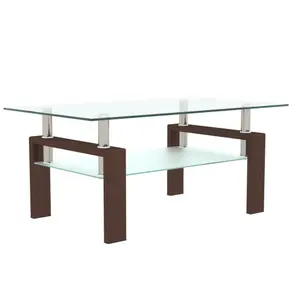 Tavolino da caffè in vetro noce con gambe in tubo di metallo, tavolino in vetro e rettangolo per soggiorno
