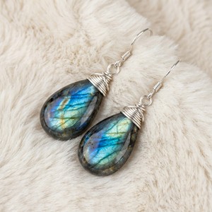 Ear Enlace Oem Odm Silver Plated Wire Wrapped Water Drop Labradorite Dangle <b>Hook</b> <b>Earrings</b> Natural Gemstone Women Jewelry - Product Image 3