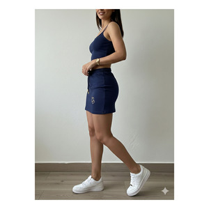Mini-jupe bleu marine pour femme, taille élastique, cordon de serrage, imprimé cœur, longueur 45 cm - Product Image 3