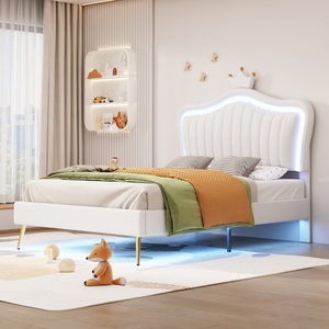 Twin Size Upholstered <b>Bed</b> Frame with <b>LED</b> Lights, Modern Upholstered Princess <b>Bed</b> With Crown Headboard - Product Image 3