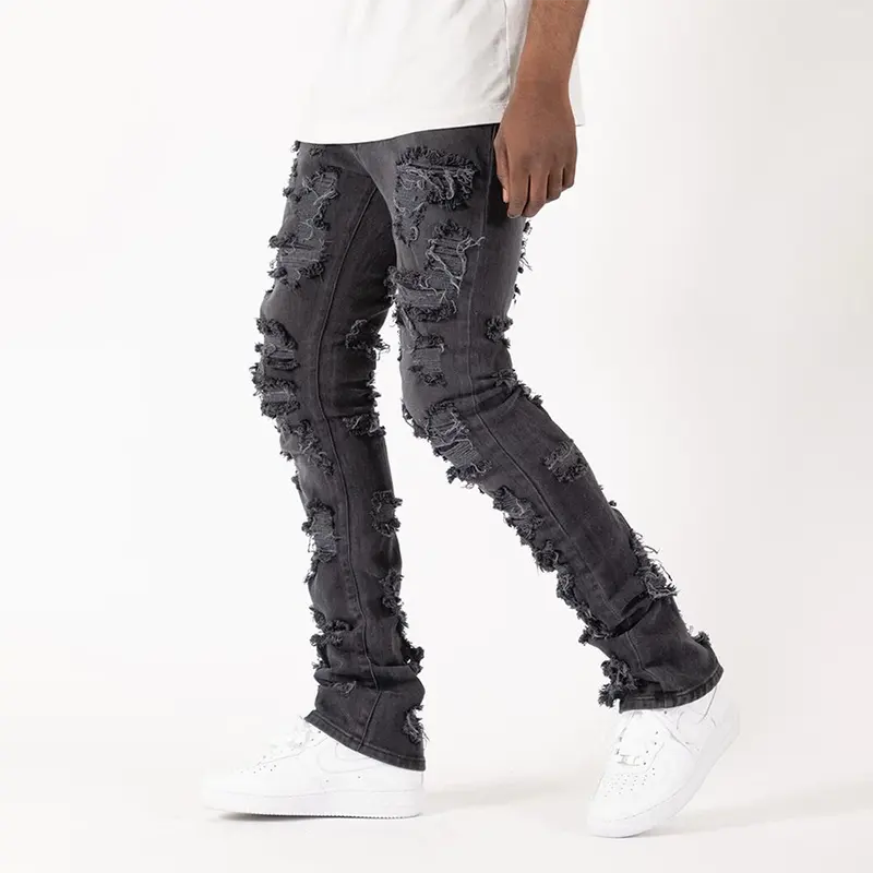 Custom Grey Ripped Destruct New Style Stacked Denim Jeans For Men