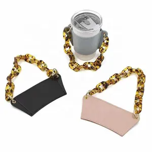 High Quality Coffee Cup Sleeve Fashion Cup Holder Reusable Leather Coffee Cup Sleeve With Handle Acrylic Chain Strap