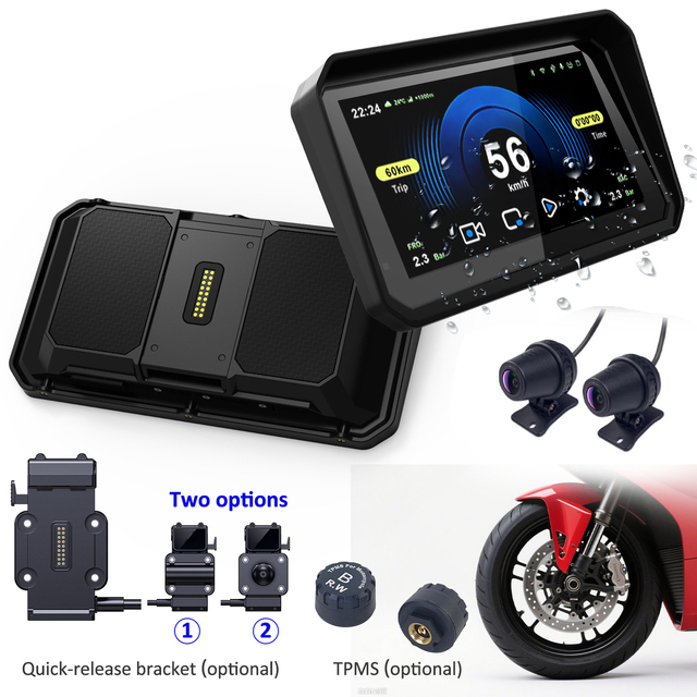6.0" IPS Waterproof Motorcycle Screen, Wireless CarPlay & Android Auto, Dual Lens Dash Cam, GPS Speed Display,