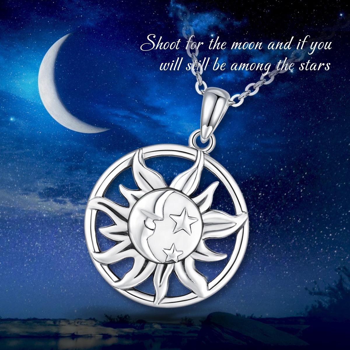 Isunni de S925 de plata esterlina Vintage oxidado diseño sol y luna estrella collar