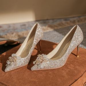 Leather Gold Summer Wedding <b>Shoes</b> for Women champagne Color <b>Chinese</b> Style Bridal Stiletto Heel High Heels Sense Sophistication - Product Image 2