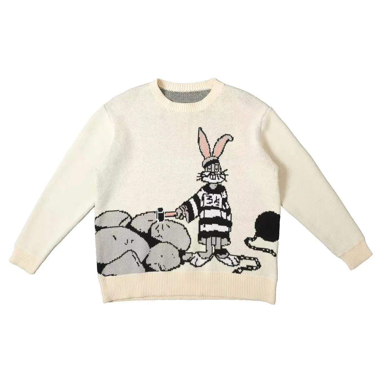 Custom round crewneck 100% cotton streetwear cream color heavyweight cotton knitted graphic sweater men