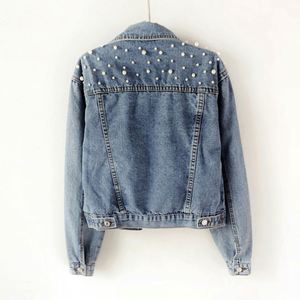 Beliebte Hochwertige Lässige Luxus-Damen-Perlen-Kurz-Denim-Jacke Blaue Langarm-Jeansjacke für Frauen - Product Image 3