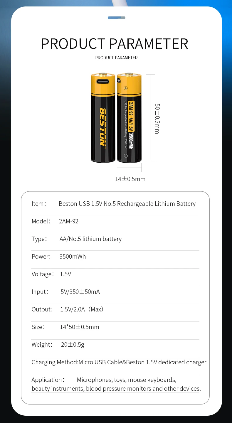 BESTON 3500mWh AA micro USB lithium battery 1.5v durable and rechargeable