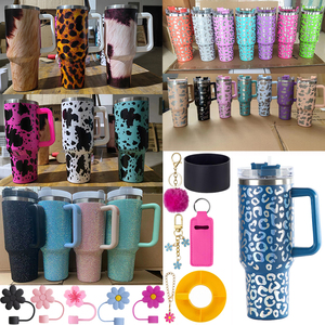 Tazas de paja con mango de vaso de acero inoxidable grabado con láser de dibujos animados bonitos de 40oz personalizados al por mayor taza de café aislada leopardo Uv - Product Image 1