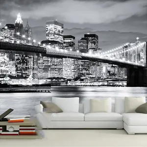 Aangepaste Mural Behang Zwart-wit City Night View Bridge Woonkamer Slaapkamer Decoratie Vliesbehang Voor Muren 3D