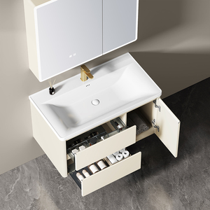 Mueble de Baño Flotante con Espejo y Gabinete de Pared Estilo <span class=keywords><strong>Crema</strong></span>, Combinación de Acero Inoxidable con Lavabo y Cajones - Product Image 2