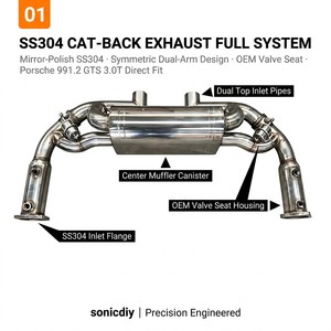 Système d'échappement Cat-Back SS304 pour Porsche <span class=keywords><strong>911</strong></span> 991.2 <span class=keywords><strong>Carrera</strong></span> <span class=keywords><strong>GTS</strong></span> 3.0T 2017-2019, silencieux de course à haut débit et son profond - Product Image 1