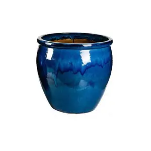 Glazed ceramic flower pot and plant stand set large indoor outdoor blue planter pot