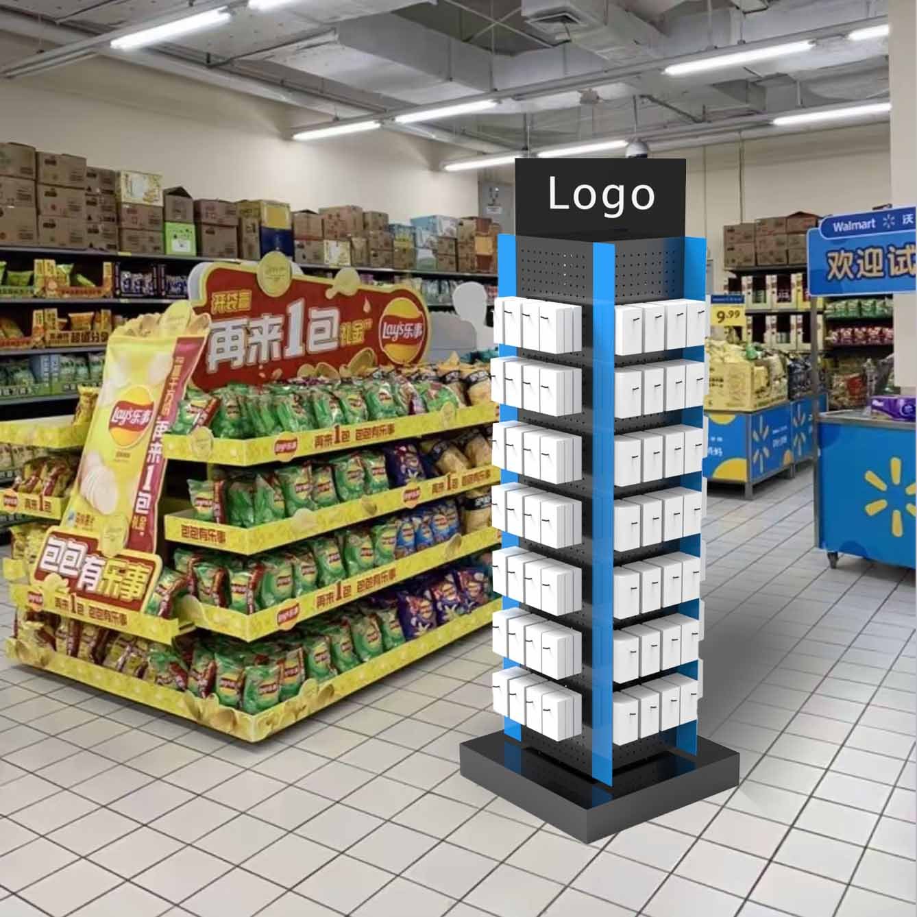 Four-Sided Floor Rotating Metal Display Stand with Customized Color and Hooks for Supermarket Advertising Jewelry Tools Racks — view 4