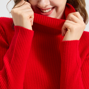 Women's Turtleneck Pullover Rib Knit 100% Cashmere Solid Red Winter <b>Sweater</b> Full Sleeve Elegant Style - Product Image 3