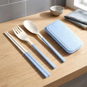 Ensemble de couverts écologiques en paille de blé, boîte de rangement portable pour couverts de voyage, cuillère, fourchette, couteau réutilisables, étui de rangement pour étudiants - Product Image 2