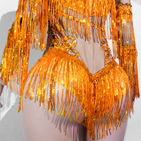 Combinaison de danse sexy à manches longues en spandex/coton, dos nu, en maille transparente, ornée de strass scintillants et de franges, pour costumes de scène et tenues de drag.