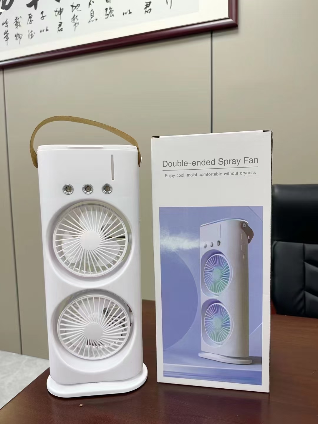 Rechargeable Dual Head Water Mist Air Cooling Fan with LED Light & 600ml Water Tank thumbnail
