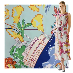 100% 涤纶波利尼西亚海滨风景印花面料优雅有趣的连衣裙