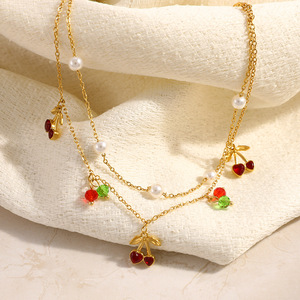 สร้อยข้อเท้าสแตนเลสสตีลสองชั้นประดับมุกเชอร์รี่ชุบทอง 18k เครื่องประดับเท้าสำหรับผู้หญิง - Product Image 2