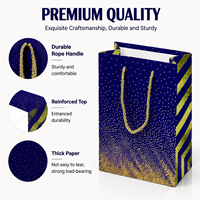 Sac cadeau de luxe bleu et or, sac de shopping en papier imprimé élégant avec poignée en corde, emballage haut de gamme pour bijoux de mariage et de fête