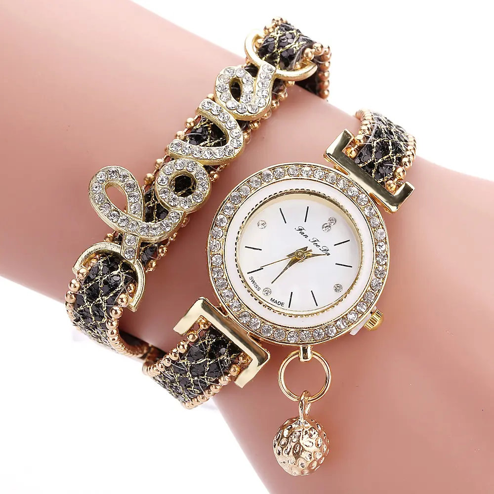 Jam tangan gelang wanita modis jam tangan Quartz berlian buatan tali kulit jam tangan modis mewah
