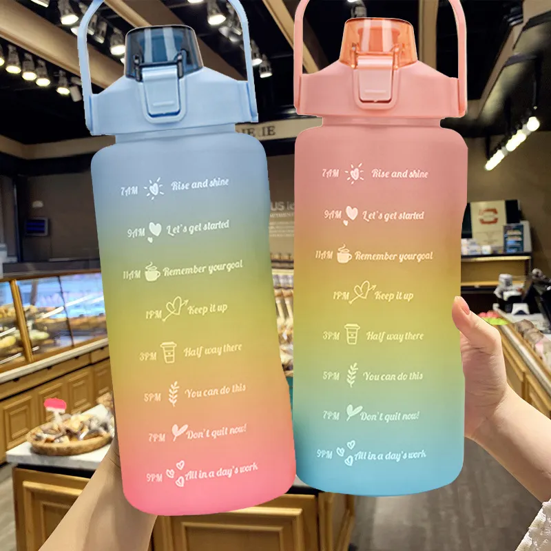 Su şişesi 2 litre büyük kapasiteli çıkartmalar içme suyu şişesi açık spor sızdırmaz buzlu fincan ile zaman işaretleyici Drinkware
