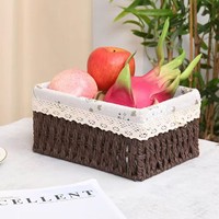 Handgemaakte hangende opbergmand van papieren touw met katoenen kantvoering, voor keuken, fruit, snacks, ecologisch verantwoorde, geweven decoratie