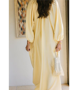 Vestido Maxi Amarillo Satinado con Cuello en V, Manga Farol, Estilo Boho Holgado con Bolsillos, Vestido Casual de Verano - Product Image 4